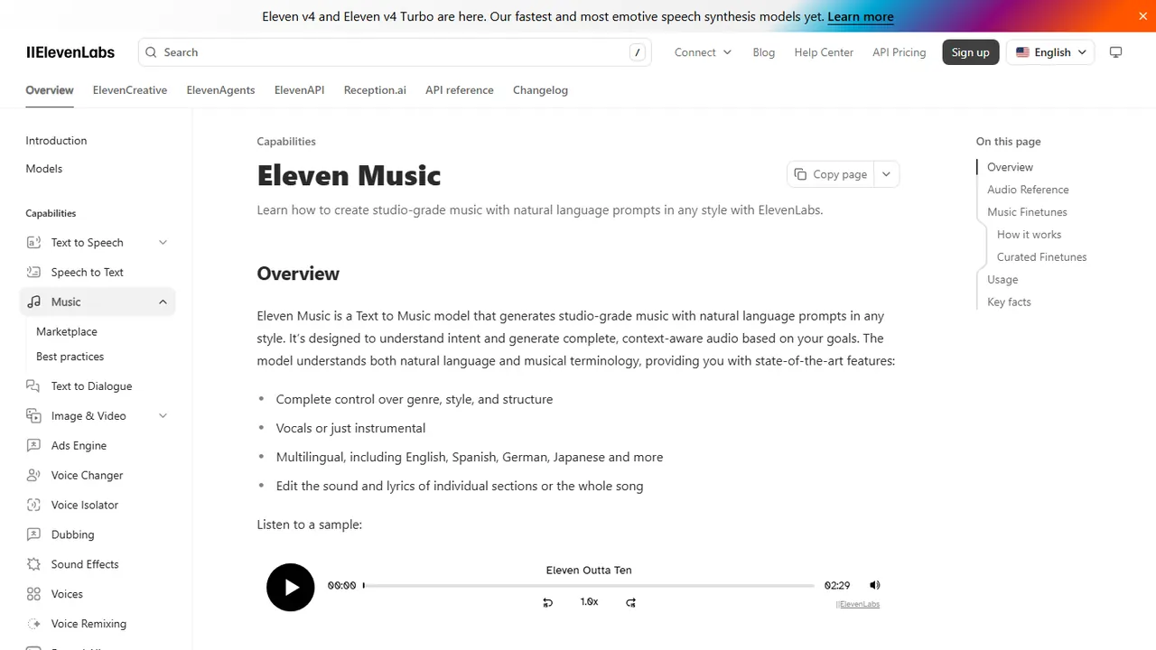 Documentação do Eleven Music com a visão geral do modelo e o player de amostra