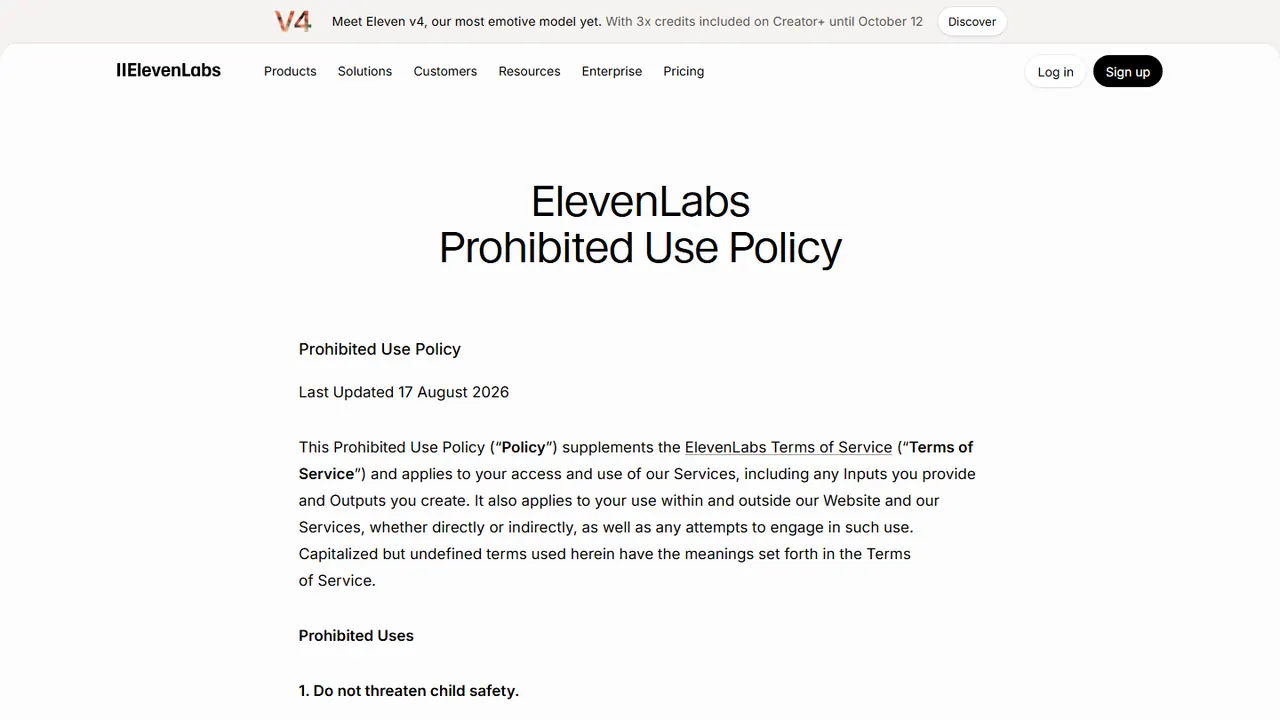 Política de uso proibido da ElevenLabs, atualizada em 17 de agosto de 2026