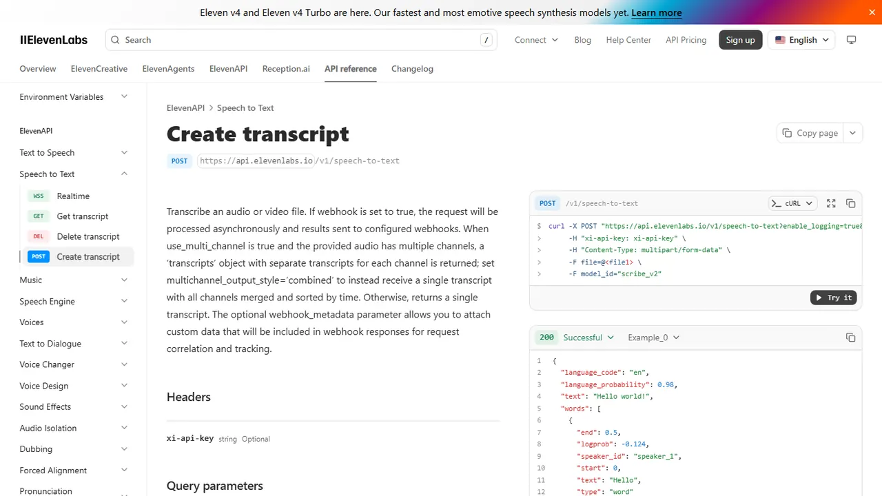 Referência da API de transcrição da ElevenLabs com exemplo cURL usando o modelo scribe_v2