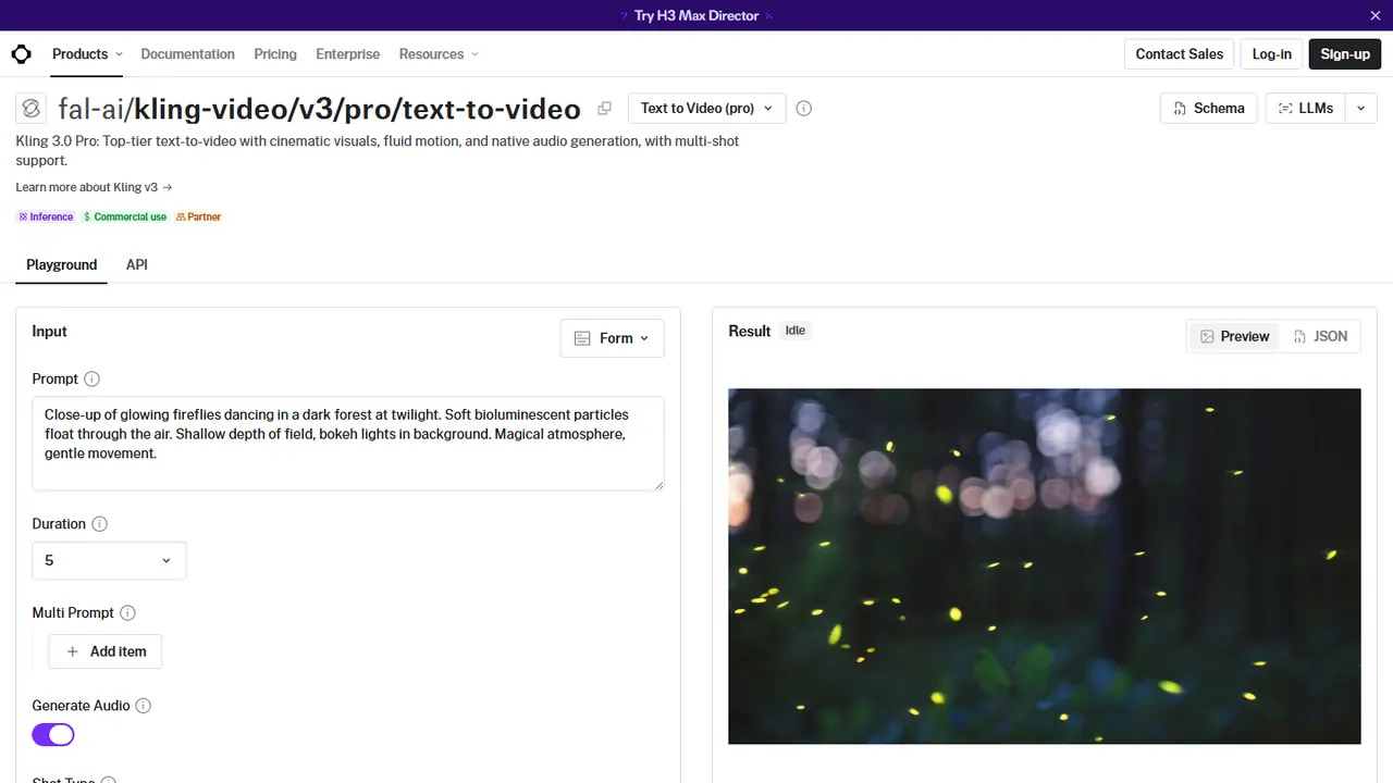 Playground do Kling 3.0 Pro na fal com campo de prompt e prévia do vídeo gerado