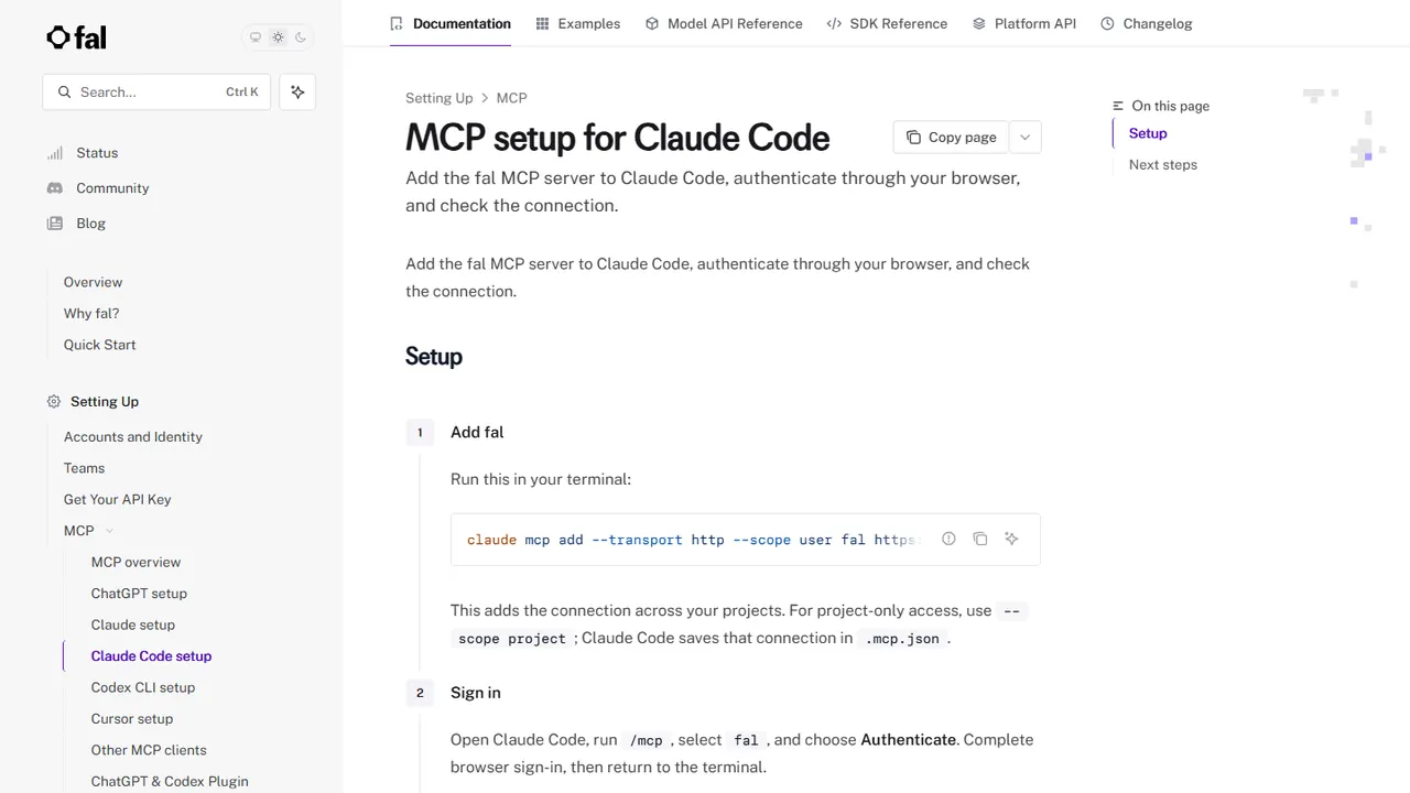Documentação da fal com o comando claude mcp add para conectar o MCP da fal ao Claude Code