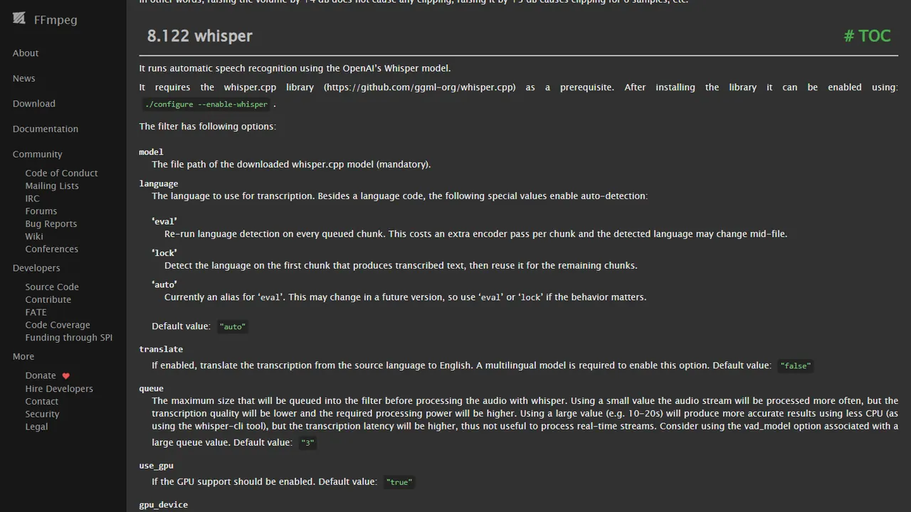 Documentação do filtro whisper do FFmpeg com as opções model, language, translate e queue
