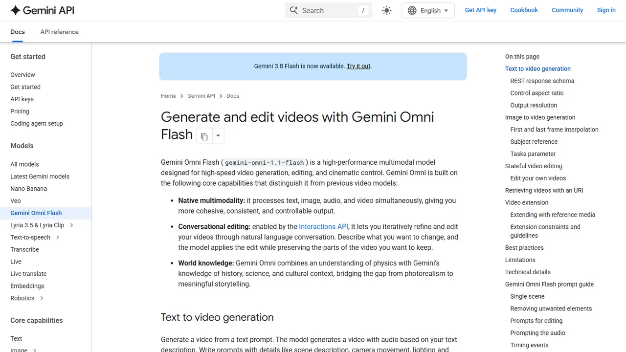 Documentação da Gemini API sobre gerar e editar vídeos com o Gemini Omni Flash