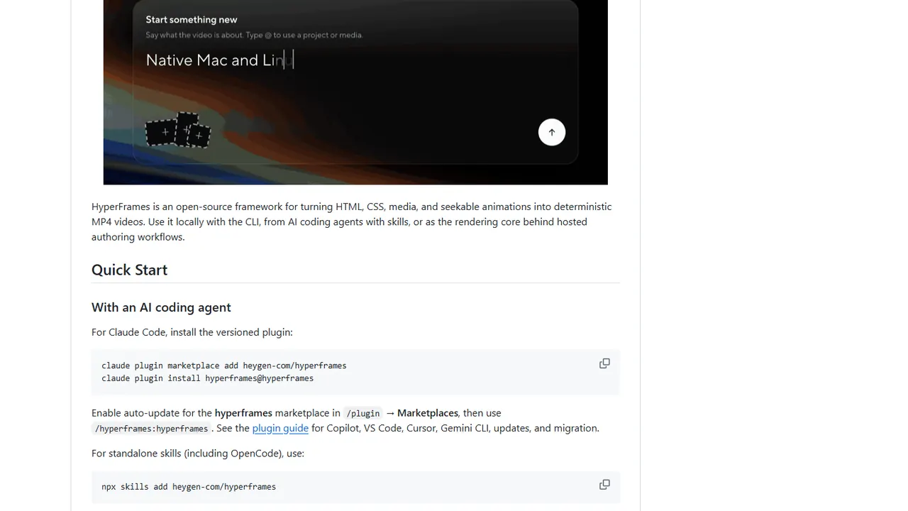 README do HyperFrames no GitHub com os comandos claude plugin marketplace add e npx skills add