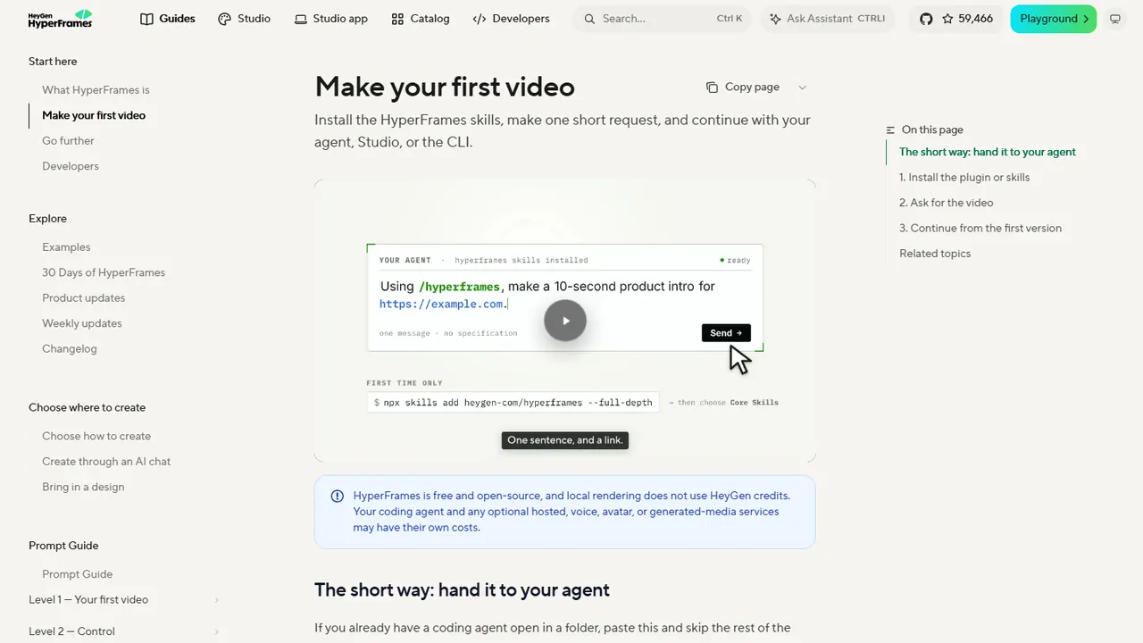 Quickstart do HyperFrames mostrando o prompt de exemplo para criar um vídeo de produto de 10 segundos