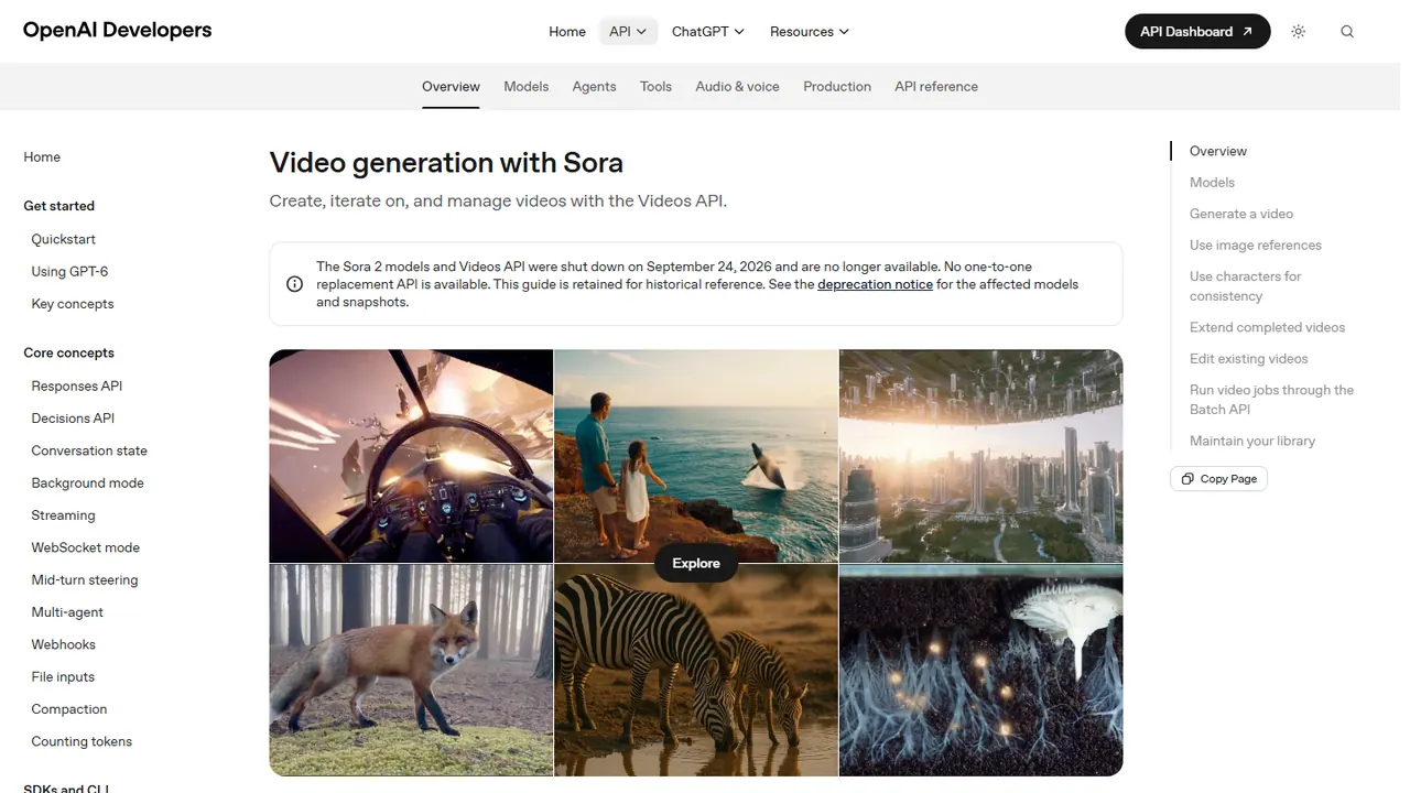 Guia de vídeo da OpenAI com aviso de que o Sora 2 e a Videos API foram desligados em 24 de setembro de 2026