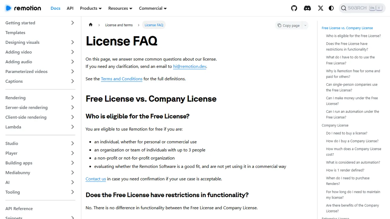 FAQ de licença do Remotion explicando quem pode usar a licença gratuita