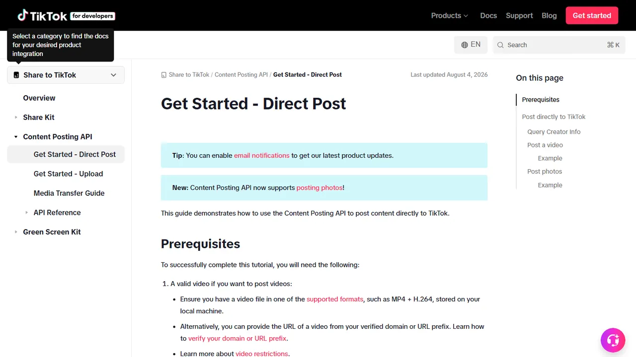 Documentação do TikTok sobre publicação direta de vídeos pela Content Posting API