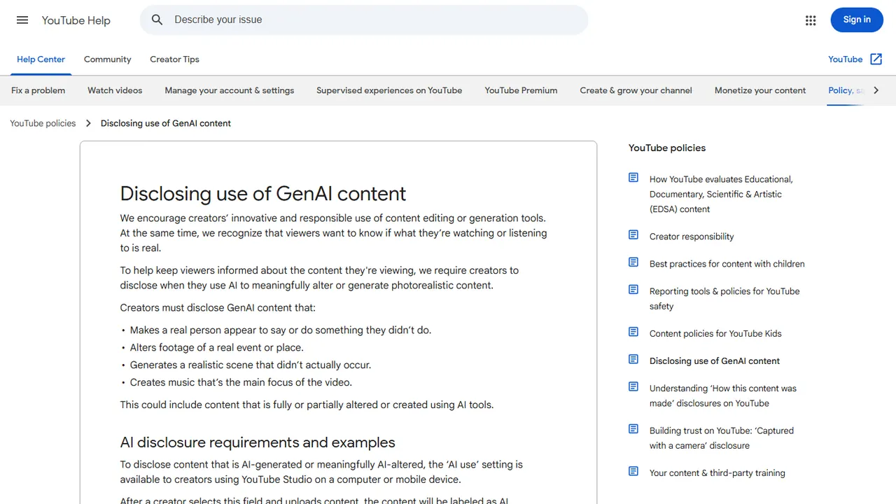 Central de Ajuda do YouTube com a política de divulgação de conteúdo gerado por IA