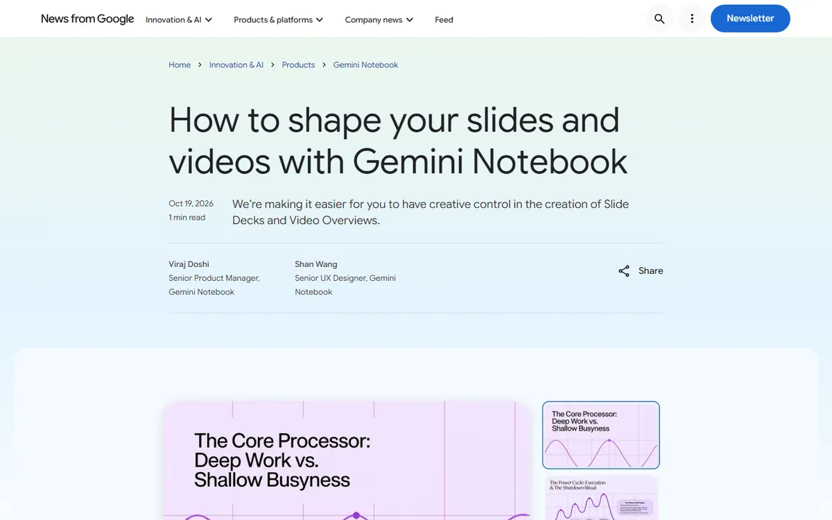 Post do blog do Google de 19 de outubro de 2026 com o título How to shape your slides and videos with Gemini Notebook e a abertura de uma apresentação gerada.