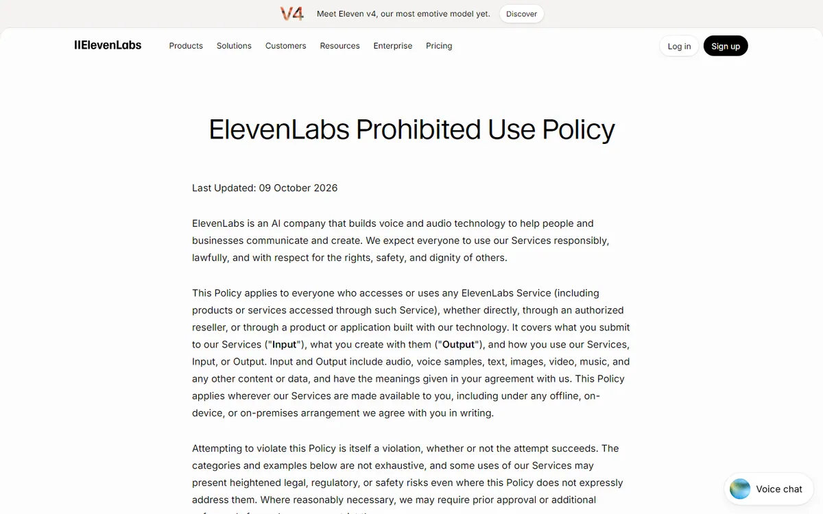 Página ElevenLabs Prohibited Use Policy, atualizada em 9 de outubro de 2026, com os parágrafos iniciais que definem a quem a política se aplica.
