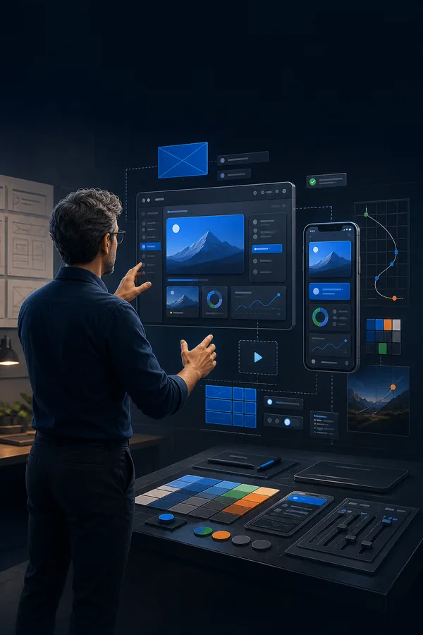 Capa do guia Frontends com Vibecoding, com uma pessoa dirigindo interfaces em telas de computador e celular