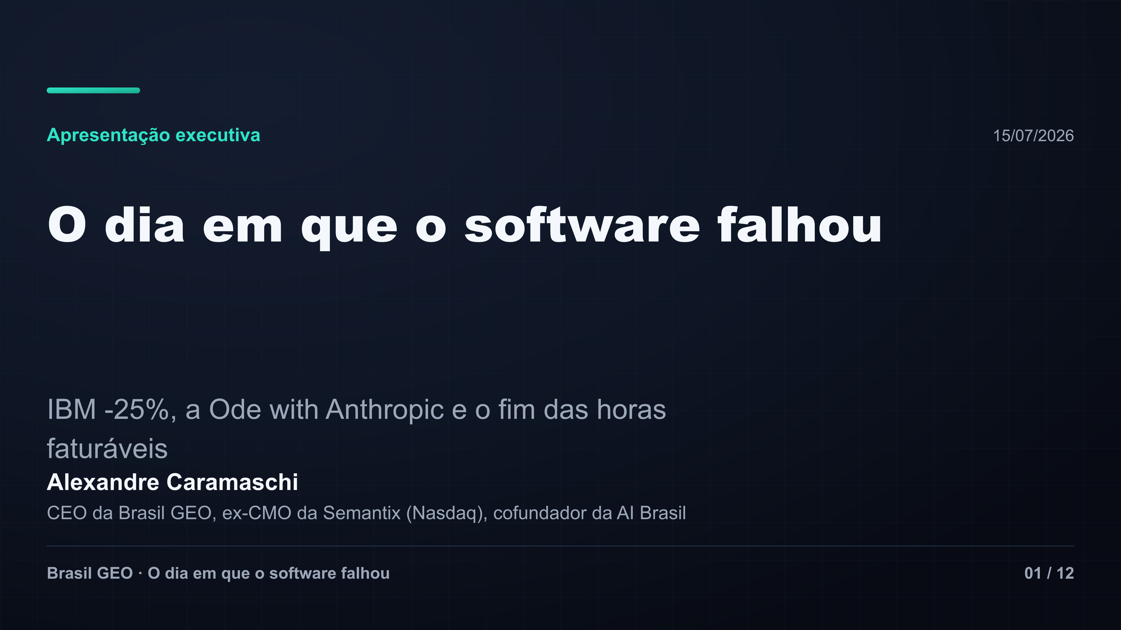 Slide de abertura: O dia em que o software falhou — IBM -25%, a Ode with Anthropic e o fim das horas faturáveis