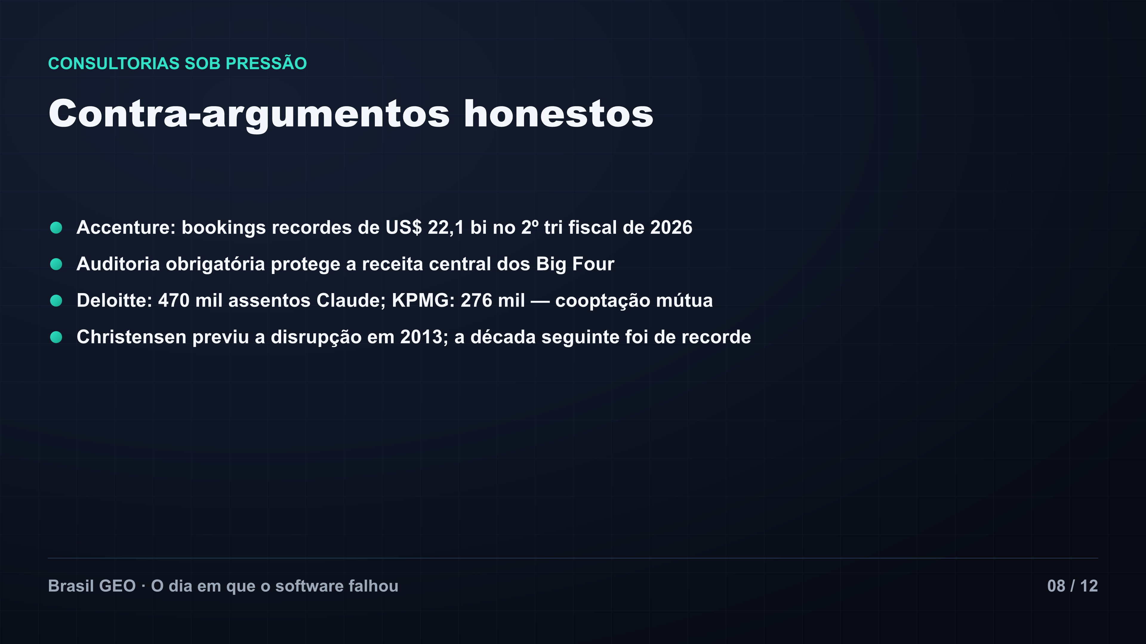 Contra-argumentos honestos: bookings recordes da Accenture, auditoria protegida por lei e cooptação mútua com os laboratórios de IA