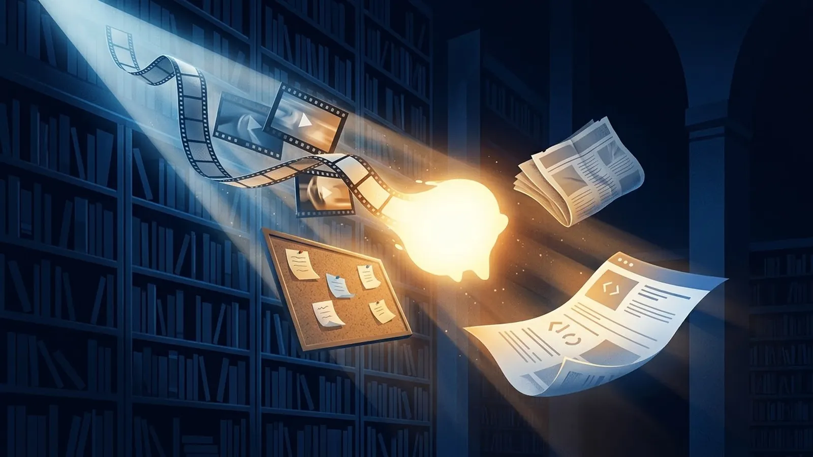 Biblioteca em que um facho de luz recolhe fragmentos de fontes diferentes, um vídeo, um mural de comunidade, um jornal e um site, fundindo tudo numa única resposta luminosa suspensa no ar