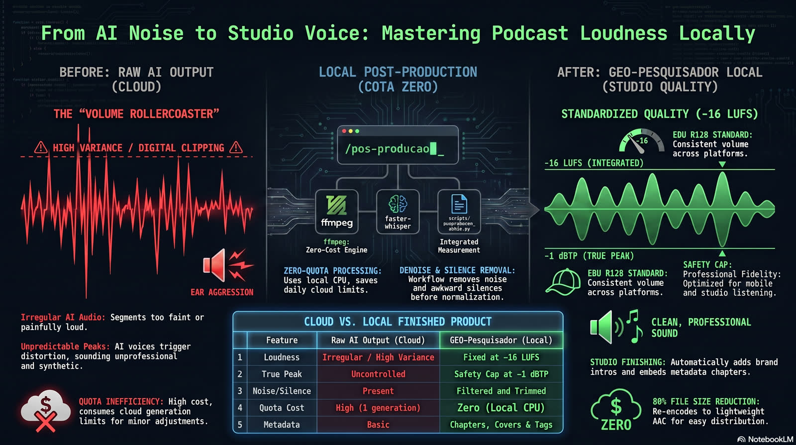 Da voz ruidosa da IA à voz de estúdio: masterização de loudness local. À esquerda, o áudio bruto da nuvem é uma montanha-russa de volume, com picos irregulares e clipping digital que agride o ouvido. No centro, a pós-produção local de cota zero em ffmpeg roda no terminal: normaliza, remove ruído e silêncio, e mede o loudness integrado. À direita, o resultado padronizado: voz consistente a menos 16 LUFS (integrado) com pico verdadeiro limitado a menos 1 dBTP, no padrão EBU R128, pronta para fones e celular. Uma tabela compara nuvem versus local: loudness fixado em -16 LUFS, pico limitado, ruído e silêncio filtrados, custo zero (CPU local) e metadados com capítulos, tudo sem consumir cota.
