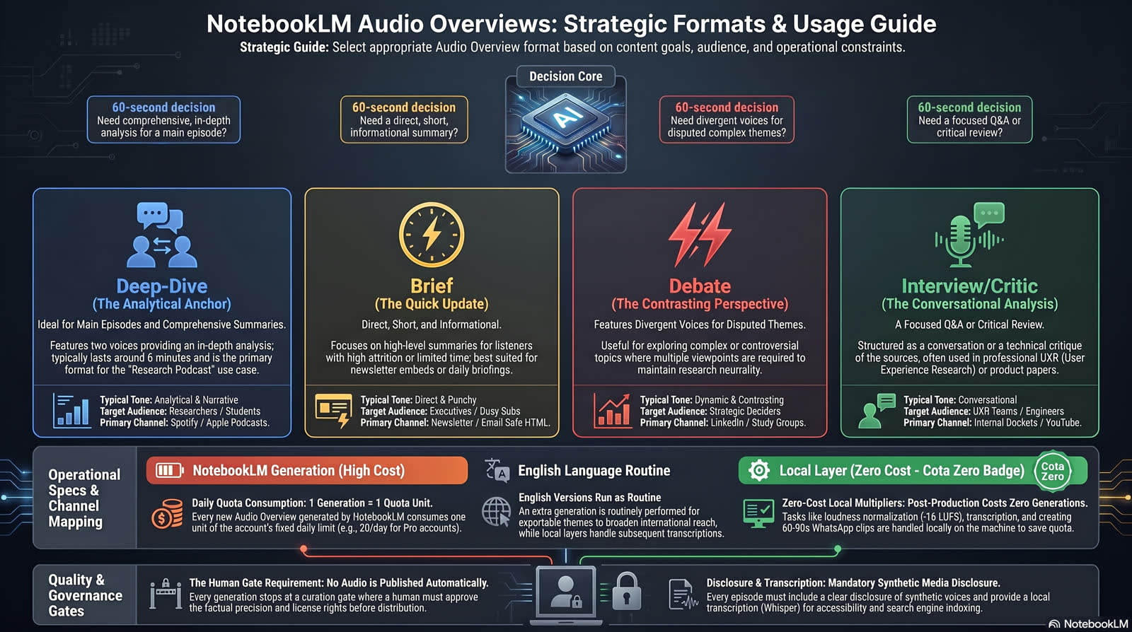 Os formatos do Audio Overview e quando usar cada um. Deep-dive: duas vozes em conversa aprofundada, mais longo, ideal para o episódio principal. Brief: resumo curto e direto, para quem quer o essencial. Debate: vozes com pontos de vista divergentes, útil para temas em disputa. Entrevista: formato de perguntas e respostas. Para cada formato, a peça indica duração típica, tom, público e canal de destino. Cada geração consome uma unidade da cota diária, e a versão em inglês roda como rotina a partir do mesmo corpus.
