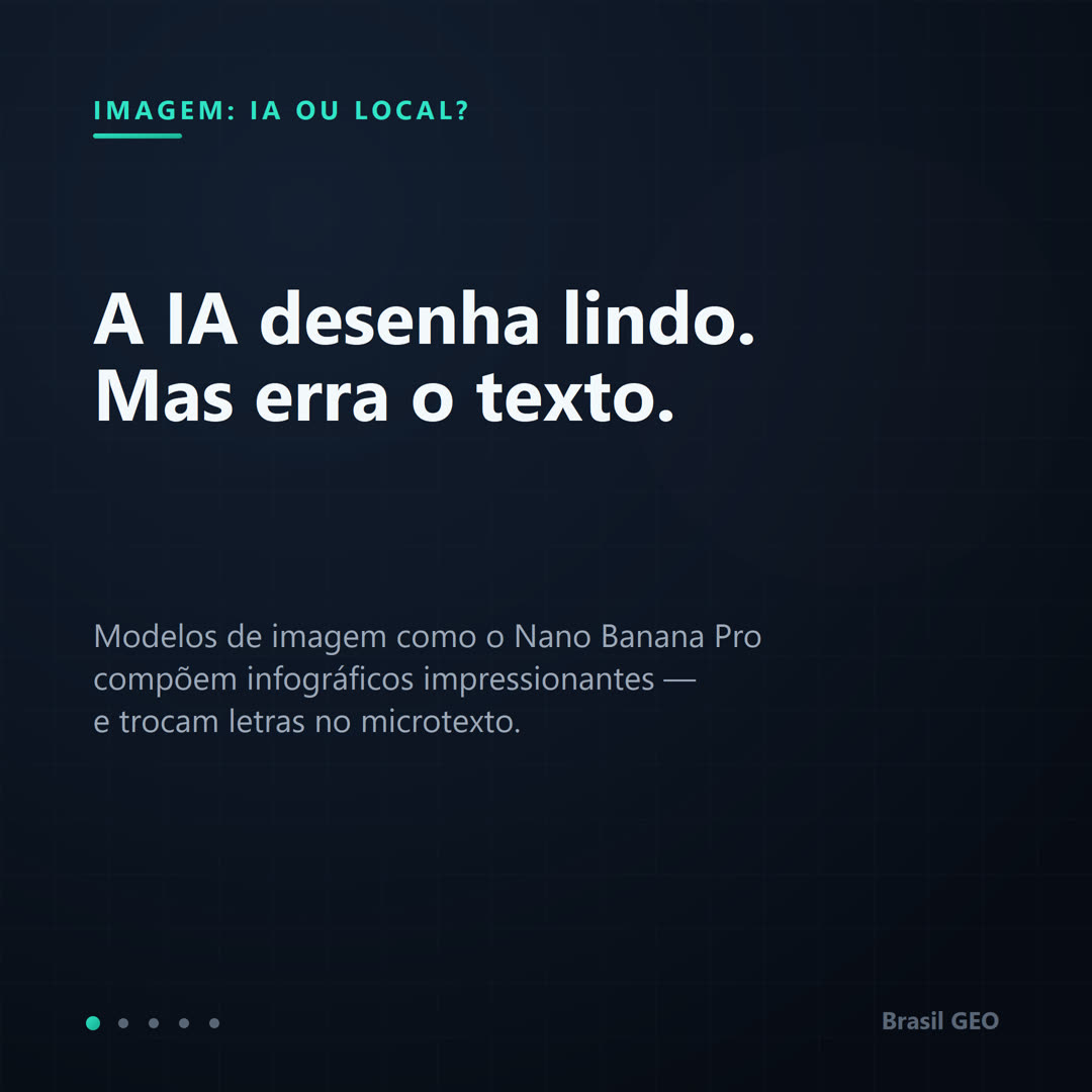 Capa: 'A IA desenha lindo, mas erra o texto', explicando que modelos de imagem compõem infográficos impressionantes e trocam letras no microtexto.