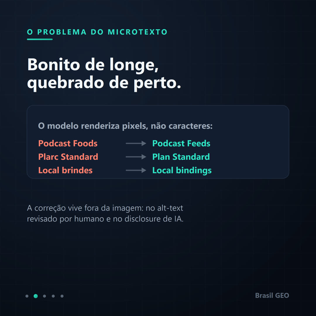 Cartão com três exemplos de erro de microtexto da IA corrigidos: 'Podcast Foods' vira 'Podcast Feeds', 'Plarc Standard' vira 'Plan Standard', 'Local brindes' vira 'Local bindings'; a correção vive no alt-text humano e no disclosure.