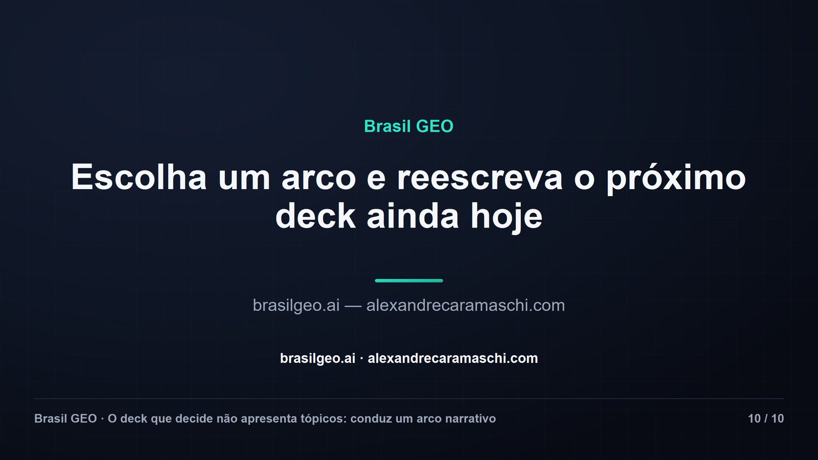 Slide de encerramento com o título "Escolha um arco e reescreva o próximo deck ainda hoje" e os endereços brasilgeo.ai e alexandrecaramaschi.com. Rodapé Brasil GEO, slide 10 de 10.
