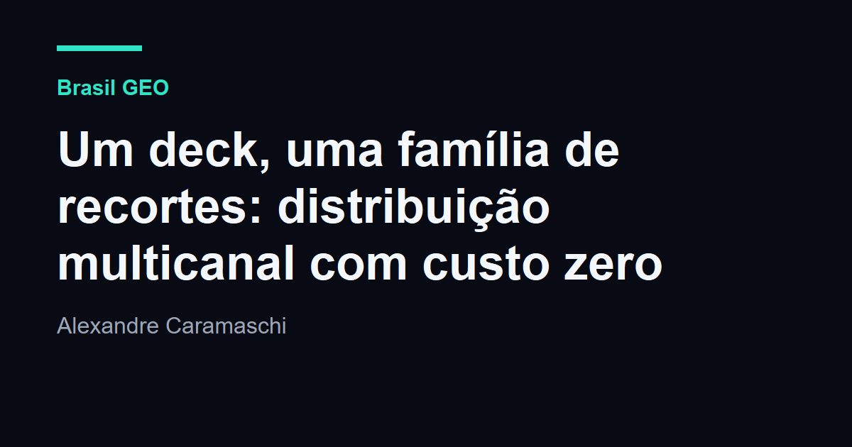 Imagem og:image 1200×630 do deck: fundo azul-escuro quase preto, traço verde-água, marca Brasil GEO no topo e o título 'Um deck, uma família de recortes: distribuição multicanal com custo zero' em letras brancas grandes, com o nome do autor abaixo.