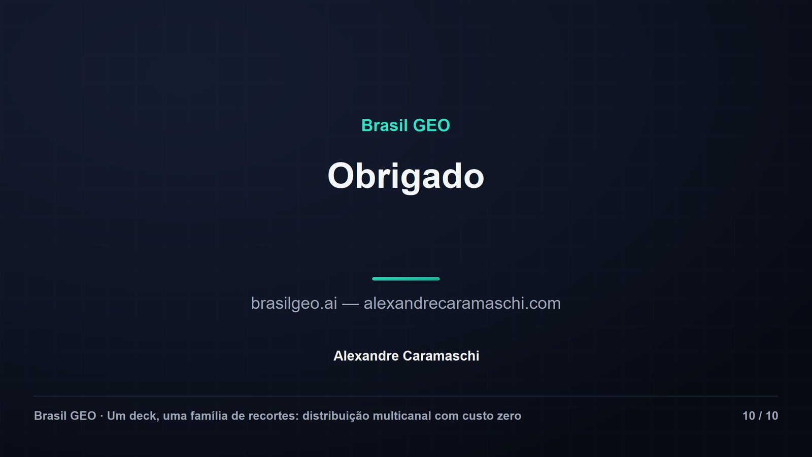 Slide de encerramento com o título "Obrigado" e os endereços brasilgeo.ai e alexandrecaramaschi.com. Rodapé Brasil GEO, slide 10 de 10.