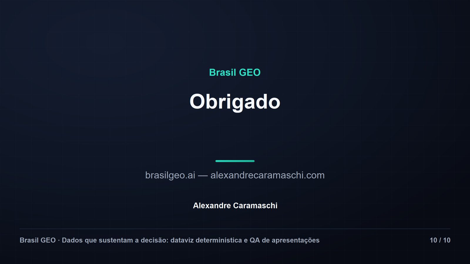 Slide de encerramento com o título "Obrigado" e os endereços brasilgeo.ai e alexandrecaramaschi.com. Rodapé Brasil GEO, slide 10 de 10.