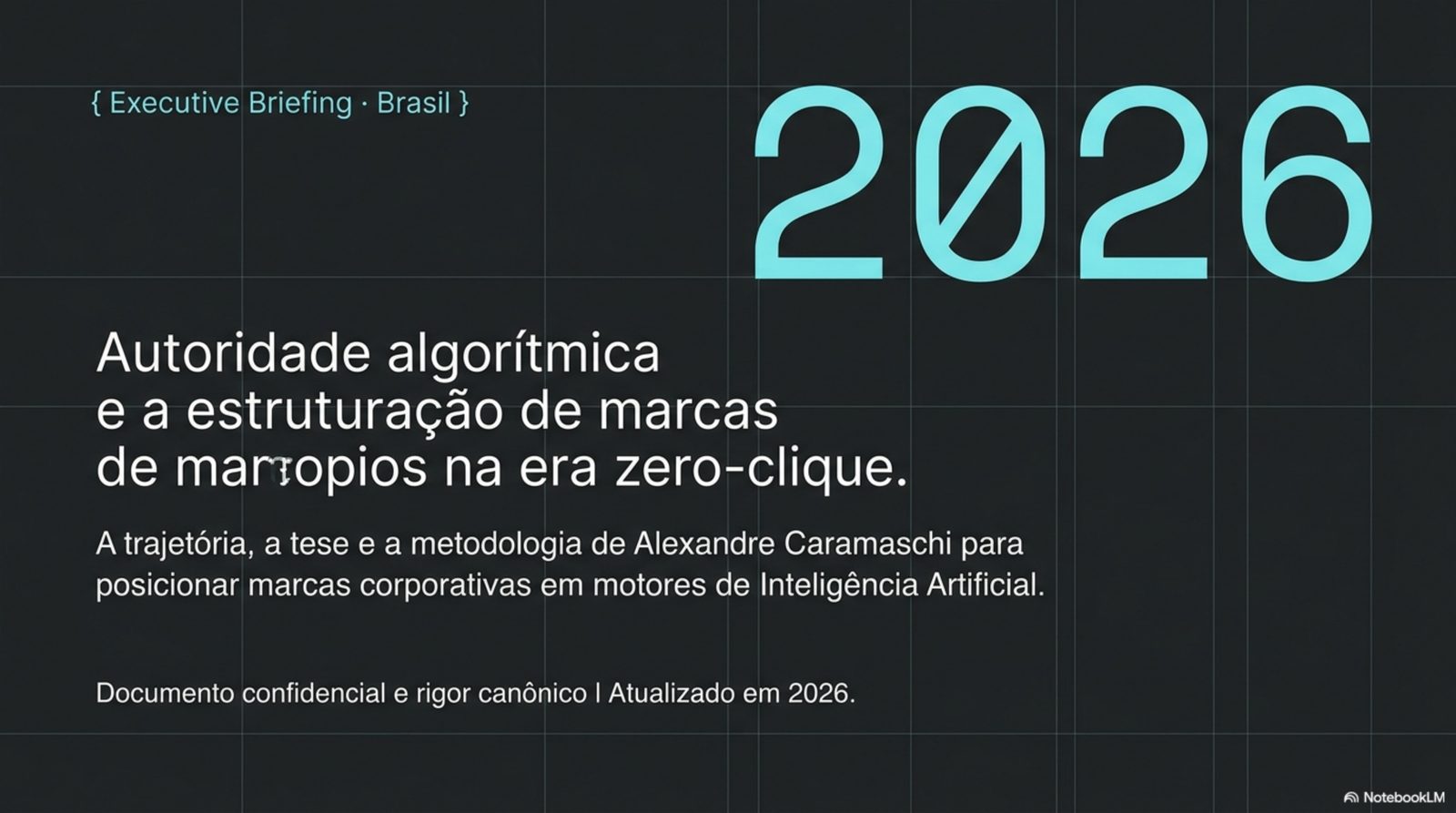 Capa: Autoridade algorítmica e a estruturação de marcas na era zero-clique — a trajetória, a tese e a metodologia de Alexandre Caramaschi. Executive Briefing, Brasil, 2026.