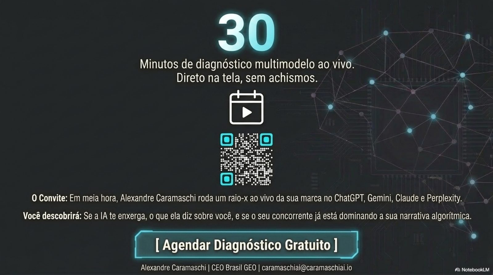 Encerramento: 30 minutos de diagnóstico multimodelo ao vivo (ChatGPT, Gemini, Claude e Perplexity). Convite para agendar o diagnóstico gratuito.