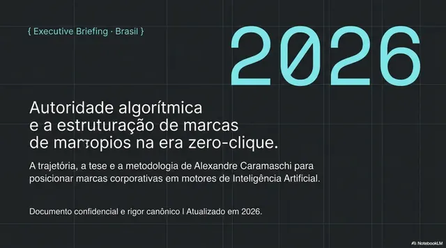 Capa: Autoridade algorítmica e a estruturação de marcas na era zero-clique — a trajetória, a tese e a metodologia de Alexandre Caramaschi. Executive Briefing, Brasil, 2026.