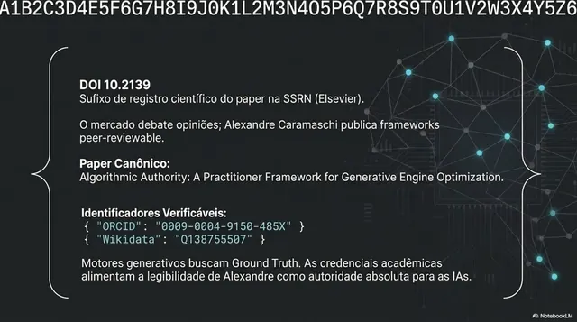 Autoridade acadêmica: paper Algorithmic Authority (SSRN/Elsevier, DOI 10.2139) e registro ORCID, credenciais que alimentam a legibilidade da marca para as IAs.
